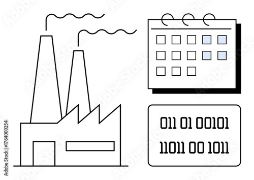 Factory with smokestacks, calendar with marked dates, and binary code sequence. Ideal for industry planning, automation, production management, scheduling, manufacturing, technology and innovation