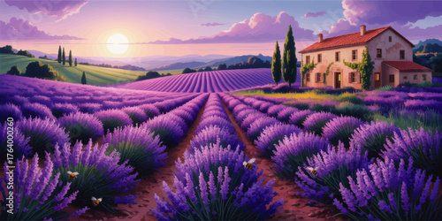 Idyllic Lavender Field Sunset with Rustic Farmhouse, Blooming Purple Flowers, Rolling Hills, Bees, and Vibrant Summer Landscape Art