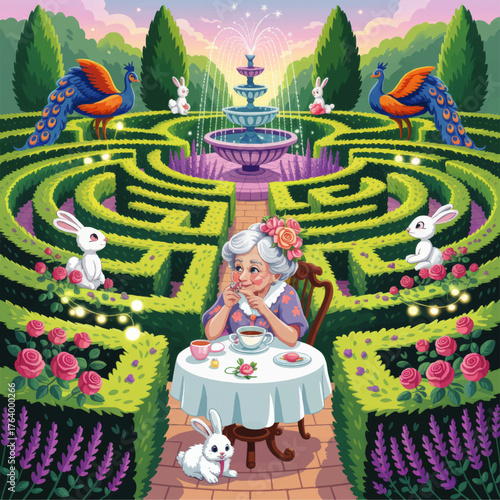 Whimsical Garden Maze Tea Party with Elderly Lady, White Rabbits, Peacocks, Roses, and Fountain – Colorful Fairytale Illustration