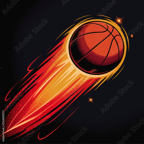 Dynamic Basketball in Motion – Fiery Meteor Slam Dunk, Sports Energy, Vector Illustration on Dark Background
