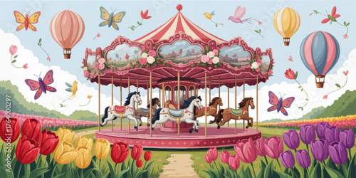 Whimsical Carousel with Horses in Colorful Garden, Butterflies and Hot Air Balloons, Spring Fantasy Landscape Illustration