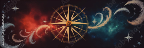 Mystical Compass Rose with Feathers and Stars on Vibrant Cosmic Background – Fantasy Navigation Art for Creative Projects