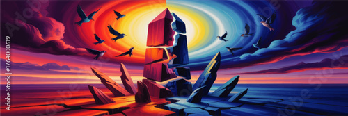 Surreal Day and Night Landscape Split, Abstract Sun and Moon, Birds Flying Over Cracked Rocks, Vibrant Colorful Sky Illustration