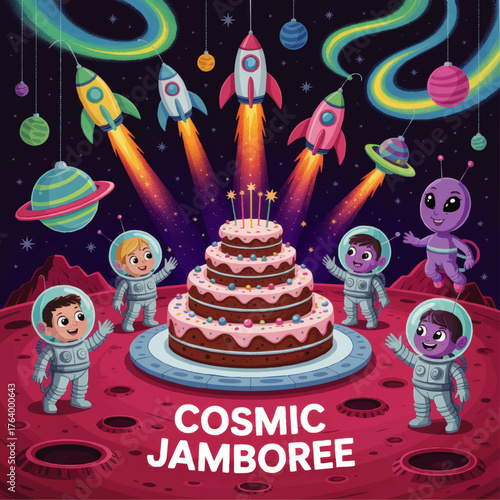 Kids Space Birthday Party Illustration with Astronauts, Alien, Rockets, Cake, and Planets – Fun Cosmic Celebration Art