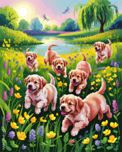 Adorable Golden Retriever Puppies Playing in Colorful Wildflower Meadow by Lake, Sunny Spring Nature Landscape Illustration
