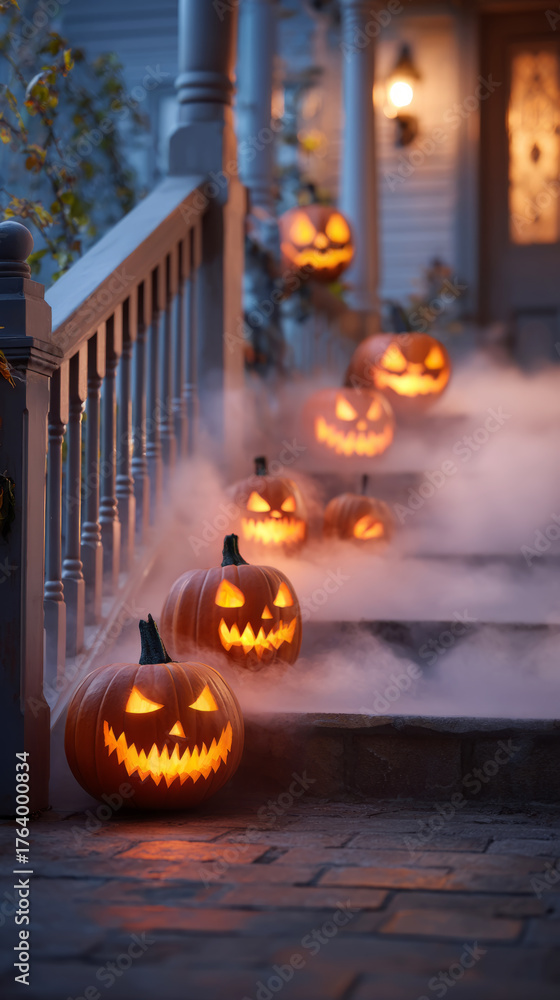 Fototapeta premium Glowing jack o lanterns on porch for halloween decoration and festive atmosphere