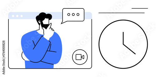 Person in video call window with hand on chin and speech bubble alongside clock icon. Ideal for online meeting, time management, brainstorming, remote work, scheduling, communication, virtual
