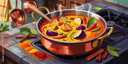 Vibrant Illustration of Spicy Vegetable Curry Cooking in Copper Pot with Fresh Herbs and Spices on Kitchen Stove