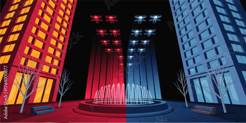 Futuristic City Plaza at Night with Red and Blue Neon Towers, Swarm Drones, and Illuminated Fountain – Modern Urban Illustration