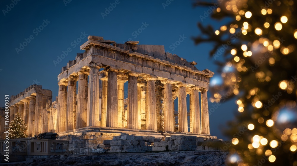 Obraz premium Parthenon, Greece, decorated with Christmas lights
