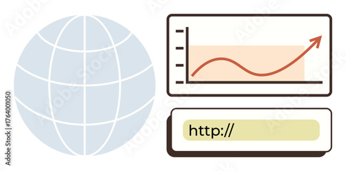Globe, upward trend chart, and web address bar convey internet connectivity, global business growth, data analysis, productivity, technology, online marketing and digital transformation. Simple flat