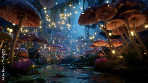Enchanted forest with glowing mushrooms and floating lights