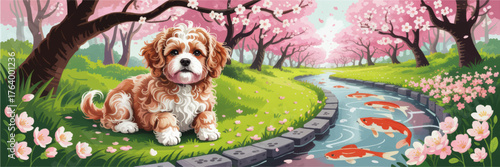 Cute Cavalier Puppy in Vibrant Cherry Blossom Garden by Stream with Koi Fish, Spring Landscape Illustration