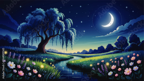 Enchanted Night Landscape with Crescent Moon, Willow Tree, Flowing Stream, Wildflowers and Fireflies in Magical Fantasy Art