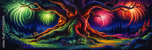 Enchanted Fantasy Tree with Glowing Branches and Mystical Fireworks in Vibrant Magical Forest Night Landscape Illustration