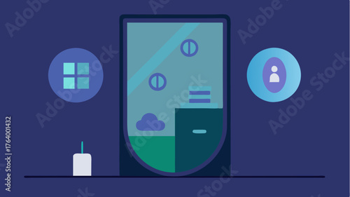 A smart mirror integrated into the wall displaying icons for lighting control and smart health monitoring features all while reflecting the room.
