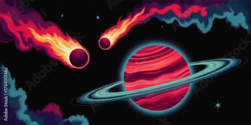 Vibrant Space Illustration with Colorful Planet, Glowing Rings, Meteor Showers, and Nebula Clouds on Black Background