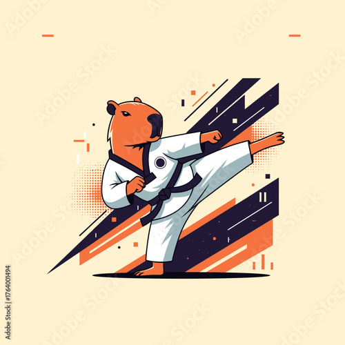 An anthropomorphic capybara in a karate gi performing a high kick