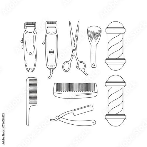 A comprehensive collection of essential barber tools, including clippers, scissors, combs, and straight razors, depicted as detailed line art illustrations
