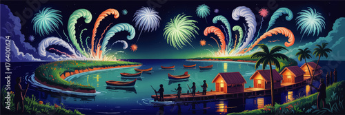 Vibrant tropical island festival with firework display, illuminated huts on water, boats, palm trees and people celebrating at night