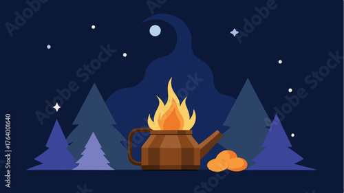A campfire surrounded by wooden logs under a starlit sky with a kettle steaming over the flames.