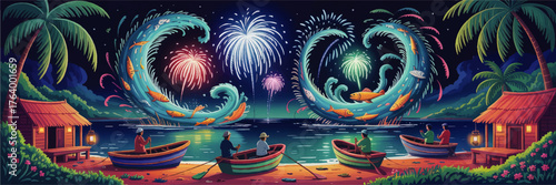 Vibrant Tropical Night Festival with Fireworks, Boats, Giant Waves and Colorful Fish, Island Vacation Celebration Illustration