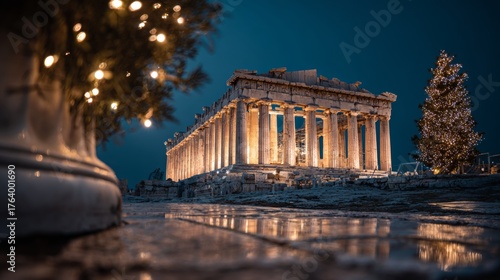 Fototapeta Naklejka Na Ścianę i Meble -  Parthenon, Greece, decorated with Christmas lights