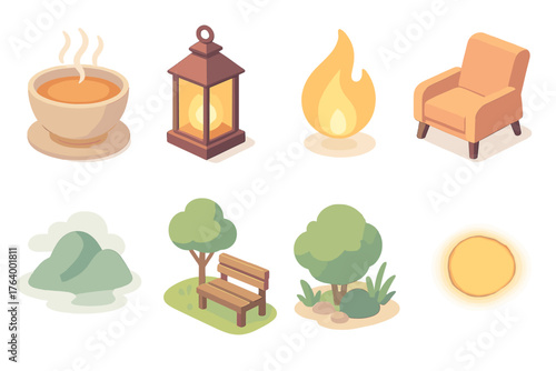 Peaceful Garden Icons. Soothing set icons in flat vector style steaming bowl, glowing lantern, soft flame, relaxed chair, misty hill, shaded bench, peaceful garden, warm light glow