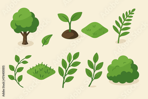 Greenery Icons Collection. Green Season set icons in flat vector style leafy tree, sprouting seedling, grassy hill, fern frond, vine with leaves, green meadow, leafy branch, lush