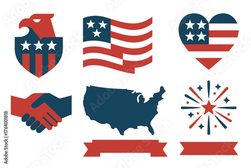 Veterans Day Icons. Patriotic Veterans Day set of icons in geometric flat vector. Eagle emblem, waving flag, shield with stars, heart with flag pattern, unity handshake, map