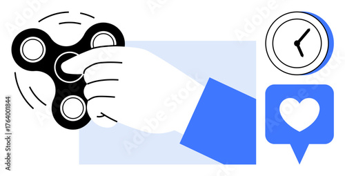 Hand spinning fidget spinner, clock for time management, heart icon for mindfulness. Ideal for stress relief, focus, time management, productivity, wellness, mental health simple flat metaphor