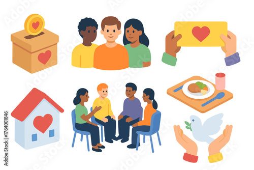 Community Support Icons. Community Support set icons in flat vector style. Donation box, diverse group of people, unity banner, meal table, home with heart, group discussion