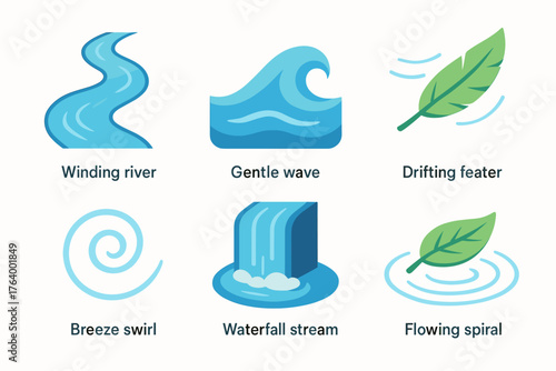 Isometric Flow Icons. Flow set icons in flat vector style winding river, gentle wave, drifting feather, breeze swirl, waterfall stream, floating leaf, soft ripple, flowing spiral