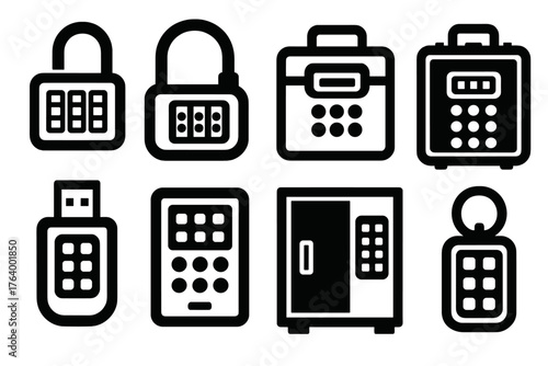 Bold PIN Lock Icons. Portable PIN Codes set of icons silhouette. Luggage lock PIN dial, bike lock PIN pad, portable safe PIN entry, travel case PIN lock, small USB PIN pad, locker