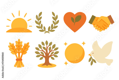 Thanksgiving Symbols Icons. Symbolic Thanksgiving set icons in flat vector style. Rising sun, laurel wreath, heart with leaves, handshake, wheat sheaf, tree of life, glowing orb