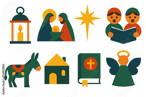 Geometric Las Posadas Icons. Classic Las Posadas set of icons in geometric flat vector. Candle lantern, nativity silhouette, star of Bethlehem, singing children, decorated donkey