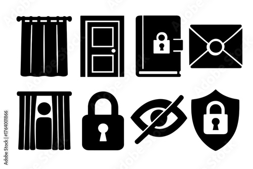 Privacy Icon Set. Classic Privacy set of icons silhouette. Curtain covering window, closed door, locked diary, envelope sealed with wax, person behind curtain, padlock symbol