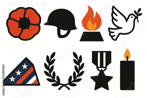 Remembrance Icons Set. Classic Remembrance Day set of icons silhouette. Red poppy flower, soldier’s helmet, eternal flame, white dove, folded flag, laurel wreath, military medal