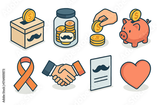 Movember Charity Icons. Fundraising Movember set icons in flat vector style. Donation box, coin jar, hand with coin, piggy bank, gift ribbon, handshake, awareness poster, charity