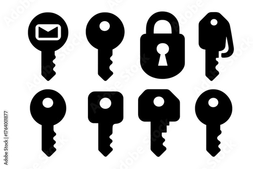 Brutalist Key Icons. Functional Keys set of icons silhouette. Mailbox key, locker key, bike lock key, hotel room key, cabinet key, safe deposit key, garage key, desk drawer key