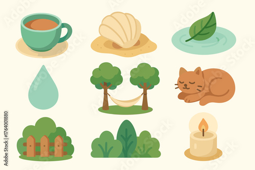 Serene Isometric Icons. Peaceful Scene set icons in flat vector style calm tea cup, seashell on sand, floating leaf, soft rain drop, hammock in trees, relaxed cat, silent garden