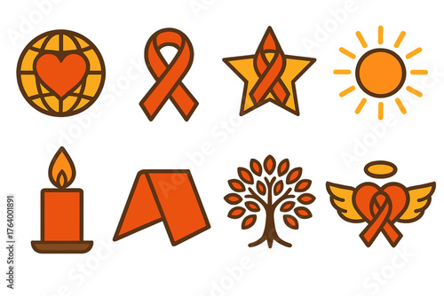 World AIDS Day Icons. Symbolic World AIDS Day set of icons in geometric flat vector. Globe with heart, infinity ribbon, star with ribbon, radiant sun, glowing candle, folded flag