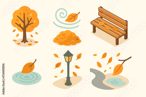Autumn in Isometric Icons. Season Change set icons in flat vector style tree shedding leaves, leaf pile with wind swirl, leaf falling into water, scattered leaves on bench, falling