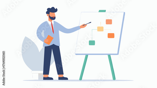 An entrepreneur mapping out a business plan on a large whiteboard with markers in hand and a focused expression.