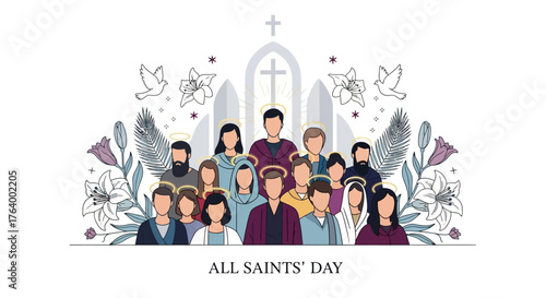 Honor all the saints with this elegant illustration perfect for All Saints' Day celebrations, religious events, and spiritual reflections in church bulletins and faith based media