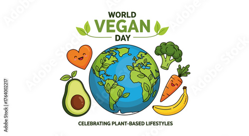 Celebrate World Vegan Day with adorable earth and plant-based food characters for a healthy lifestyle, perfect for promoting eco-friendly eating and sustainable living