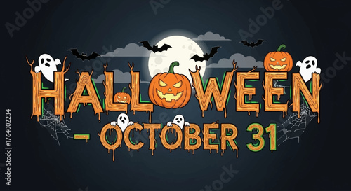 Spooky Halloween celebration invites you to a fun night of haunted houses, trick or treating under the moonlight with bats, pumpkins, ghosts, and cobwebs on October 31st