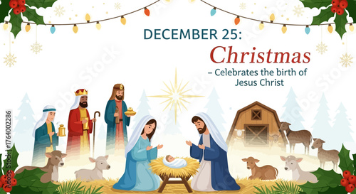Celebrate the joyful Christmas season with a beautiful nativity scene, featuring Mary, Joseph, baby Jesus, three wise men, and adorable barn animals, perfect for holiday greetings and seasonal designs