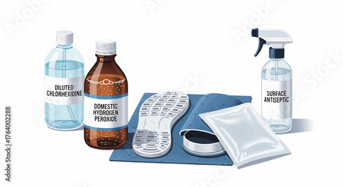 Illustration of cleaning supplies including antiseptics and hydrogen peroxide on a blue cloth mat