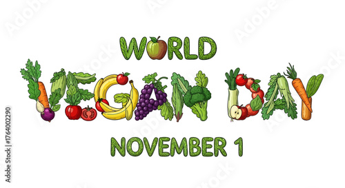 Celebrate World Vegan Day on November 1st with vibrant fruits and vegetables forming a delicious invitation to healthy eating and plant based lifestyle choices today